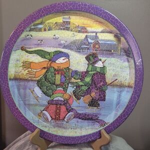 Charming 13-Inch Snowman Ice Skating Circle Tin Platter